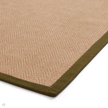 Portland Jute Cotton Border Modern Plain Hand-Woven Textured Herringbone Flatweave Natural/Olive Green Extra Long Runner-Think Rugs-Rug Love - The Most Loved Rug Store